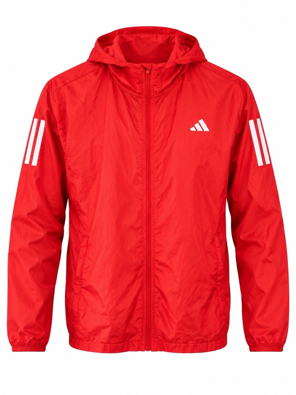adidas Men’s Red Hooded Windbreaker with White Stripe Accents
